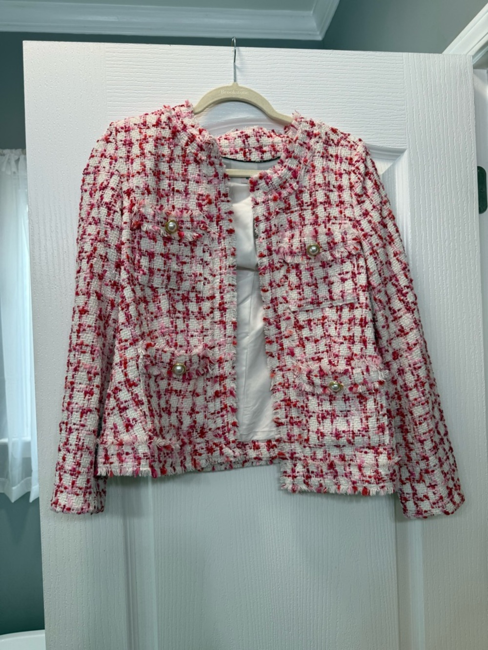 Nanette Lepore Women’s Pink & White Tweed Jacket - Classic Pearl Pocket Detail